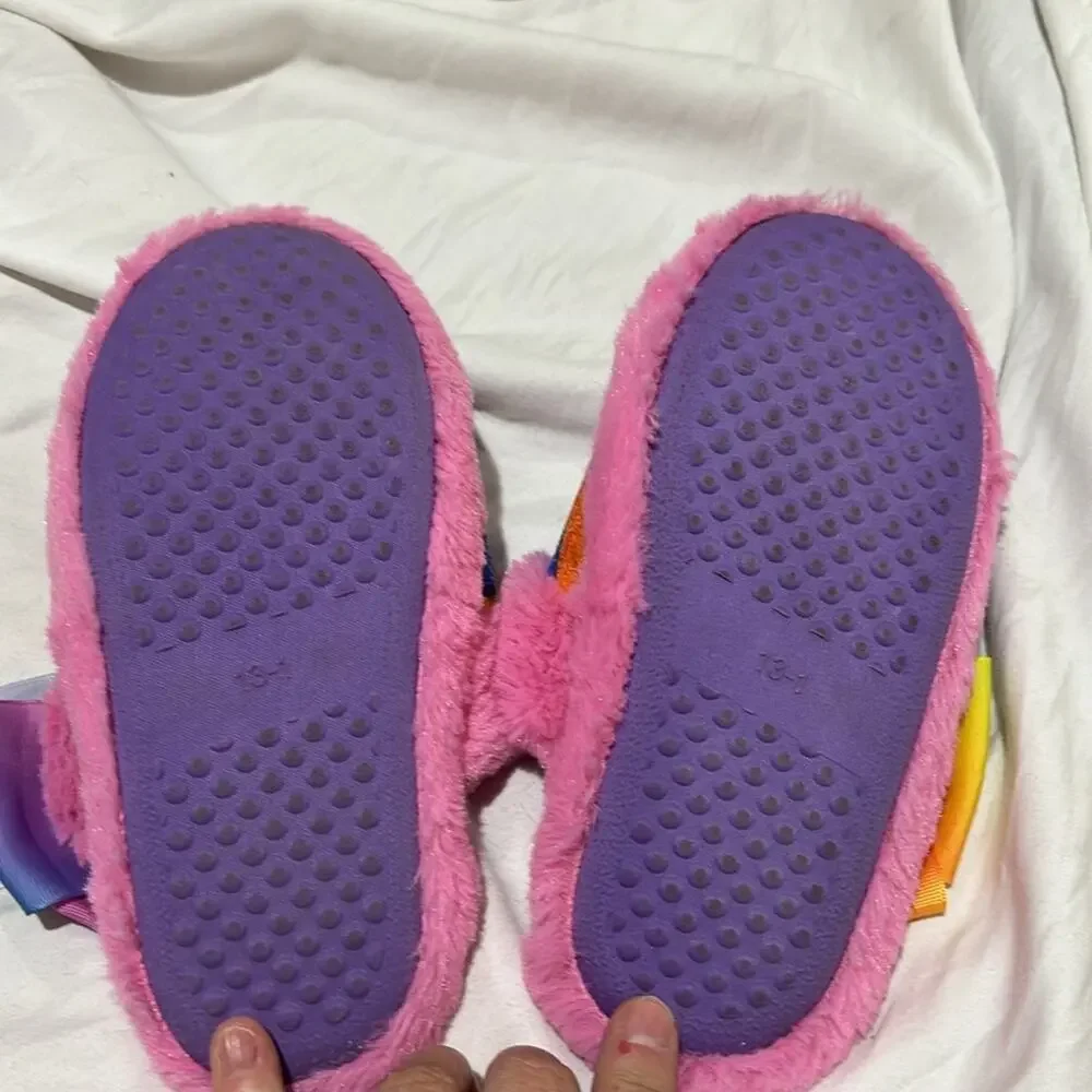 Rainbow slippers 13/1 worn once bows and glitter soft furry rubber soles